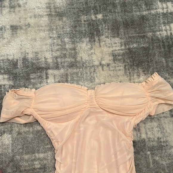 Baby Pink Off the Shoulder Ruched Mini Dress - Picture 7 of 8